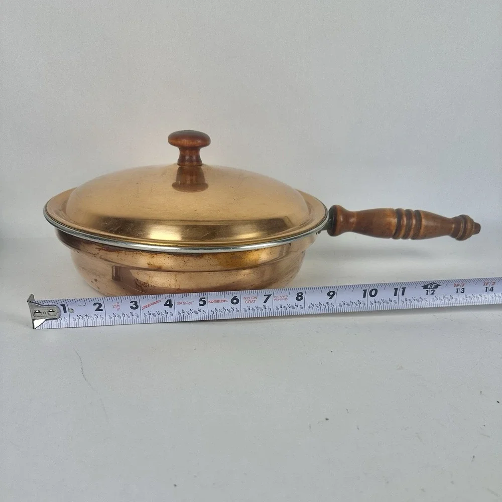 Vintage Copper Skillet Sauté Pan with Lid Brass Wood Handle